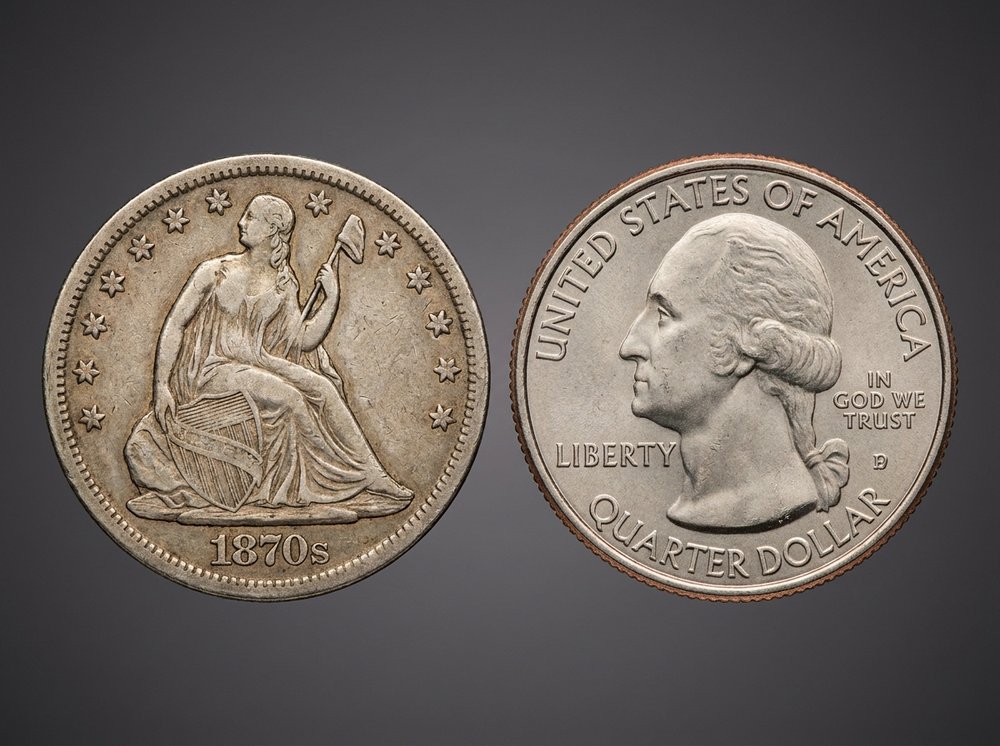 Silver Seated Liberty quarter next to a modern copper-nickel clad Washington quarter showing color difference