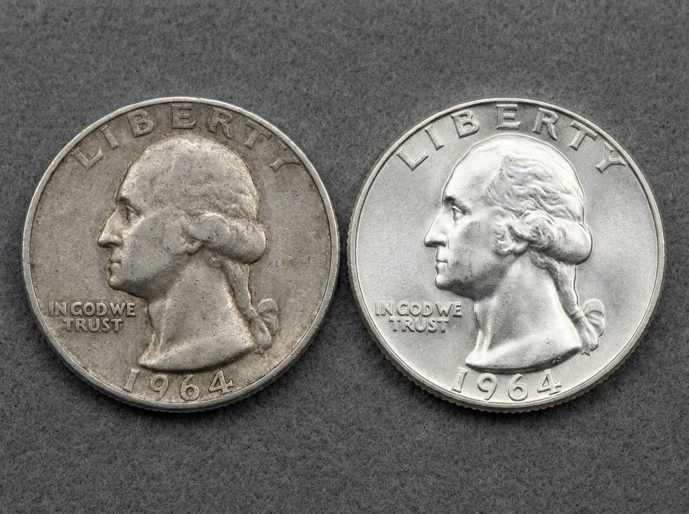 Side by side comparison of a circulated worn quarter and a gem uncirculated quarter with full mint luster